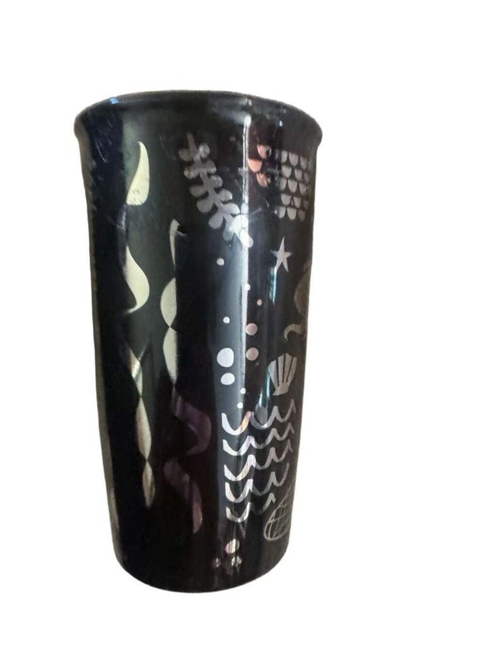 Starbucks Siren Mermaid Black & Silver Ceramic Tumbler Travel Mug 12 oz